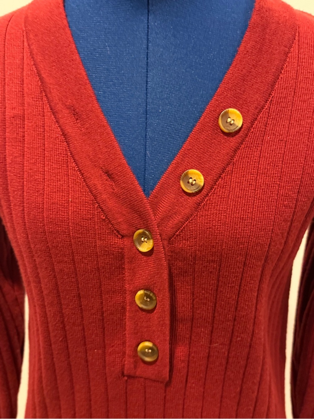 Classic Ribbed Stretch V-Neck Button Sweater - Red - Picture 3 of 8